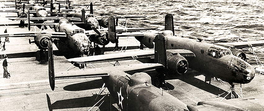 Sixteen U.S. Army Air Corps B-25B <i>Mitchell</i> medium bombers flew off the aircraft carrier USS <i>Hornet</i> to attack Japan on 18 April 1942.