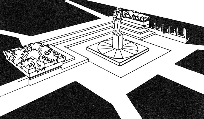 This was Clark’s plaza concept sketch that was submitted to the Special Warfare Memorial Committee and unanimously adopted in October 1966.