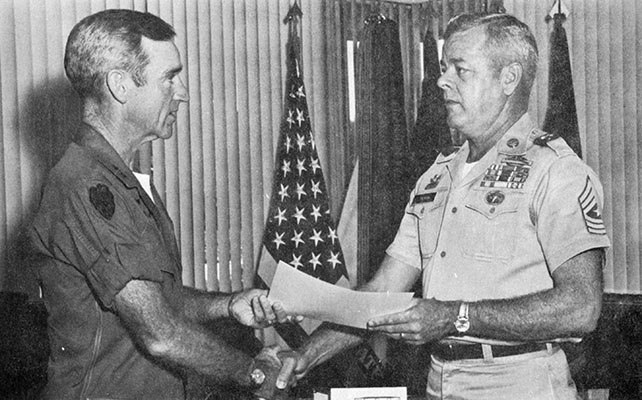 MG Flanagan presented SGM Tryon his retirement certificate on 1 October 1969.
