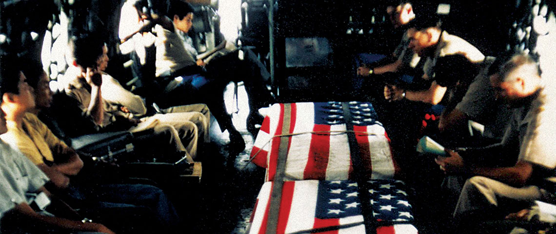 The remains of SP4 Valentine B. Vollmer and Mr. Steven A. Haukness carried by Air America C-46 to Saigon before being transferred to the Central Identification Laboratory in Thailand.