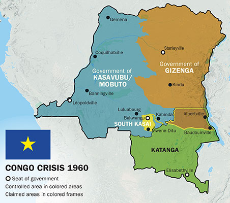 Congo map showing Political Fragmentation & Territorial Control, 1960-61 with flag of the Belgian Congo.