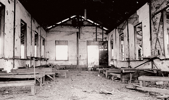 View of the inside of one of the POW barracks at Camp 10-A, Palawan.