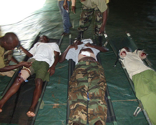 UPDF medics triage ‘casualties’ outside their field hospital near Nzara, South Sudan.