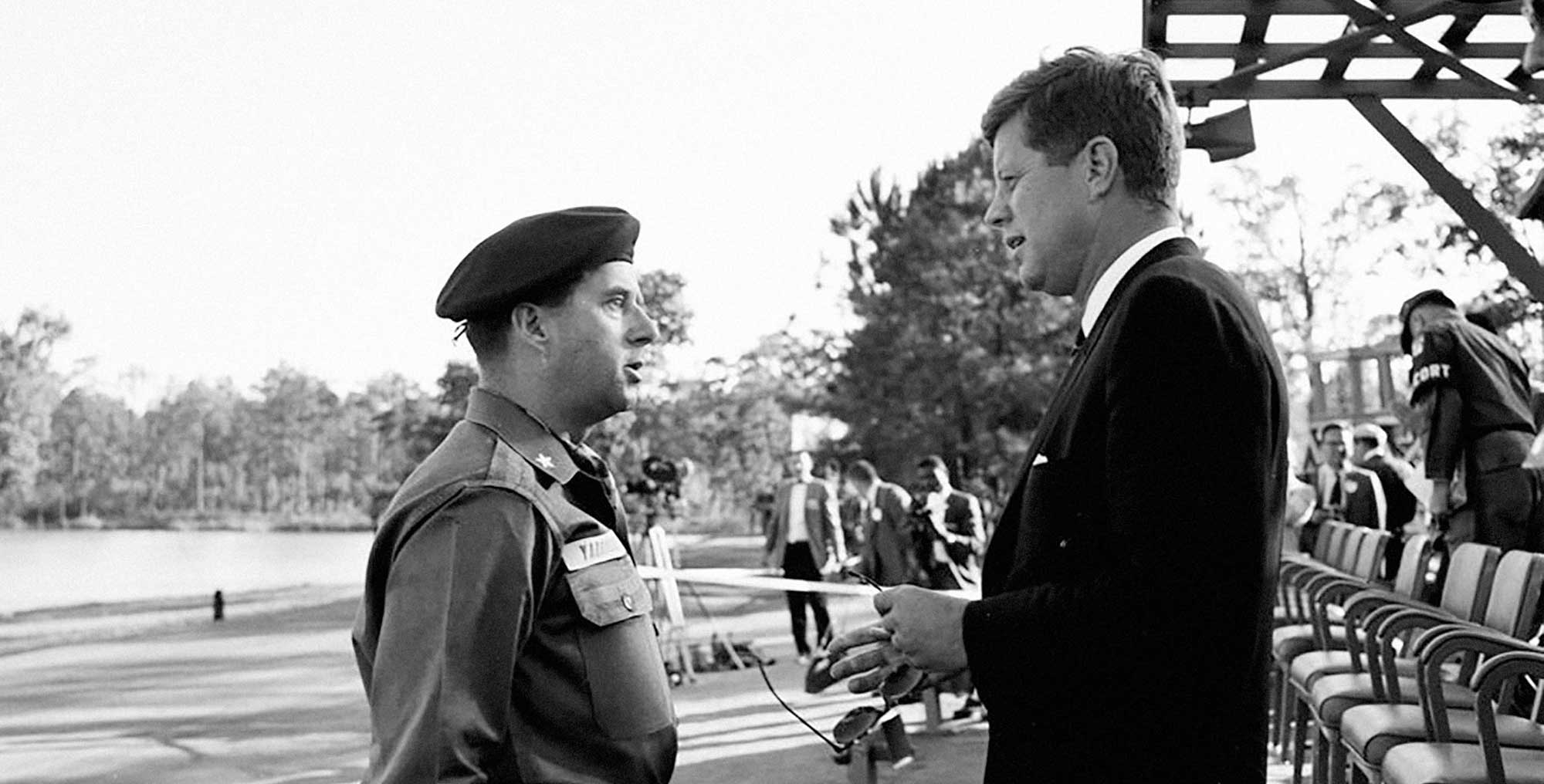 JFK meets Brigadier General William P. Yarborough, Commanding General, U.S. Army Special Warfare Center, during his visit to Fort Bragg, NC, in October 1961.