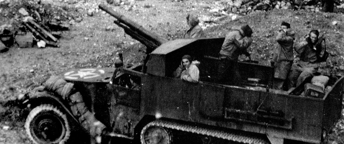 Spade gun truck firing in southern France, Nov. 1944.
