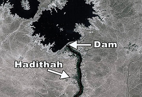 Al Qadisiyah Dam is commonly referred to by the name of the nearby village Hadithah. Located northwest of Baghdad on the Euphrates River, the dam provides electricity and irrigation capability to much of central Iraq.