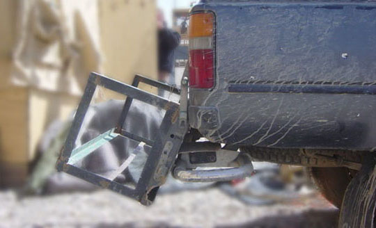 The truck driven by SGT Santon which had its tailgate damaged from a near miss by an RPG fired during the ambush.