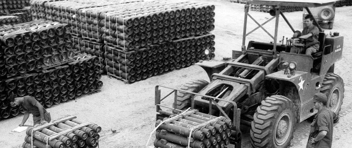 The 6,000 pound rough terrain forklift was a vital part of ammunition supply operations.