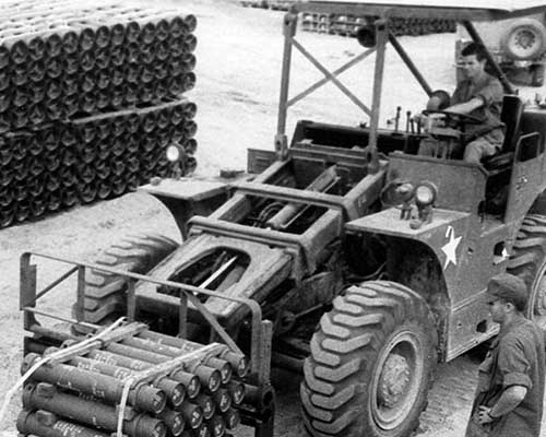 The 6,000 pound rough terrain forklift was a vital part of ammunition supply operations.