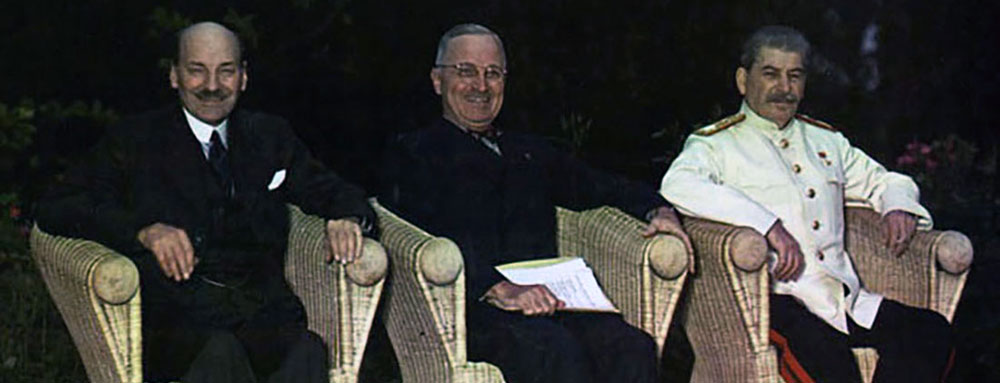 British Prime Minister Clement Atlee, U.S. President Harry S. Truman, and Soviet Premier Joseph Stalin at the Potsdam Conference