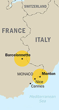 Location of Barcelonnette and Menton in France
