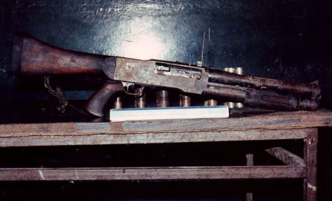 Homemade 12.7mm canon rifle fabricated from Soviet Mi-24 HIND-D attack helicopter chain machine gun breach block. It was abandoned by the Farabundo Marti National Liberation Movement after the September 1988 attack on El Paraiso.