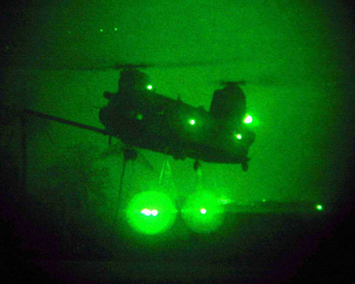 During the initial phases of the operation, the crews flew missions in daylight. With their presence established, they reverted to their normal operational mode—flying in darkness with night vision goggles.