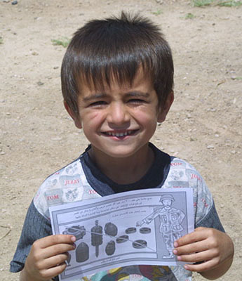 To reduce deaths and injuries from mines and unexploded ordnance, the 315th Tactical Psychological Operations Company designed handbills and posters illustrating the various types found throughout Baghdad. Even children could compare the drawings to objects they found in the streets and recognize the danger.