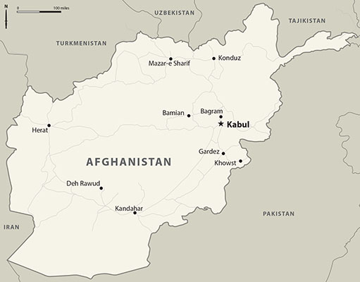 Map of Afghanistan showing Coalition Humanitarian Liaison Cells.