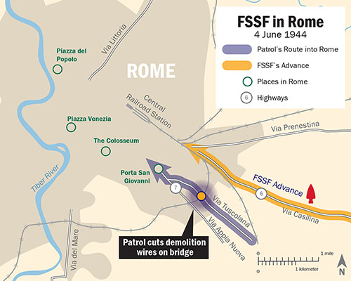 Route Radcliffe’s patrol took into Rome with railway overpass area highlighted. The patrol cut demolition charge wires before entering Rome.