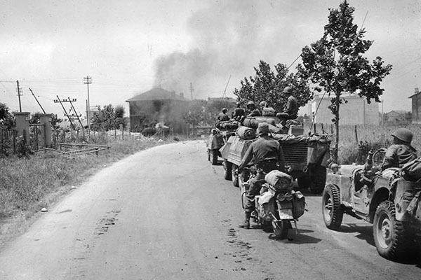Task Force Ellis (91st Reconnaissance Squadron), a competitor to Task Force Howze, drives into the outskirts of Rome on 4 June 1944.