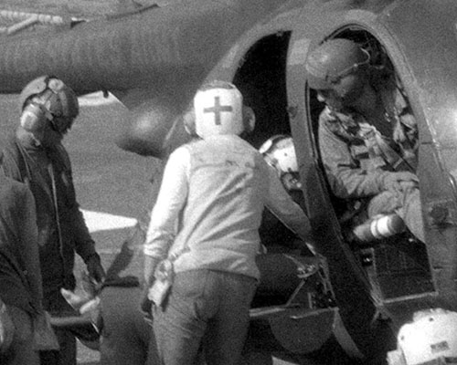 Chief Warrant Officer 4 James Dietderich and Warrant Officer Mike Gwinn made three round trips to the USS Guam ferrying wounded out to the ship. Jim Dietderich is employed as the USASOC Safety Officer.