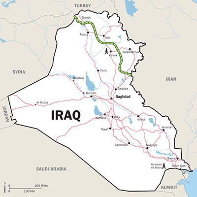 Map of Iraq depicting the political demarcation line known as the Green Line.