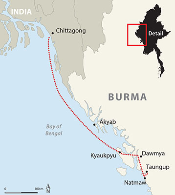 Map of “W” group travels, showing the sea route taken from Chittagong, in present-day Bangladesh, to the amphibious insertion near Kyaukpyu.