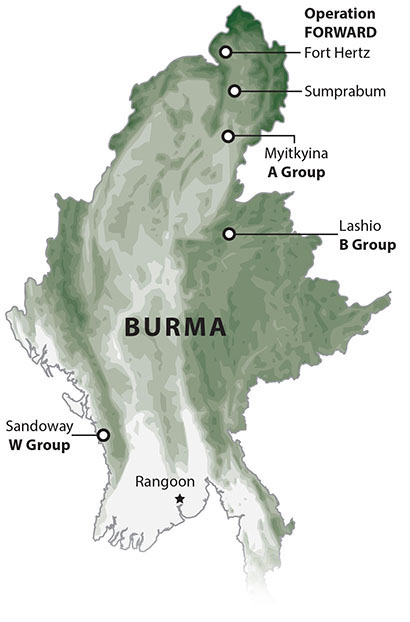 Map of Detachment 101’s area of operations in Burma highlights the predominant mountainous terrain.