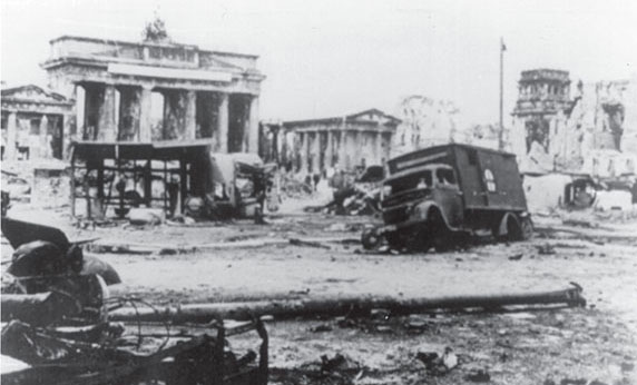 The devastation around Brandenburg Gate of Berlin immediately after the end of the war.