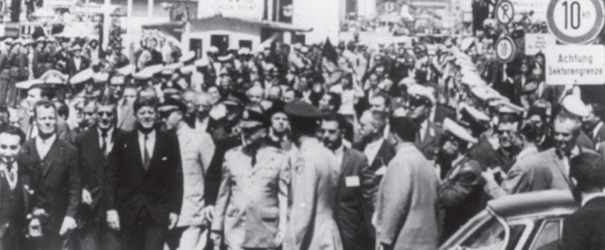 On 26 June 1963, President John F. Kennedy and West Berlin’s Mayor Willy Brandt visited Checkpoint Charlie. During his visit to the city, Kennedy made his famous declaration: “Ich bin ein Berliner. [I am a Berliner.]” 