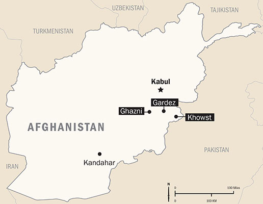 Afghanistan map depicting Khowst, Gardez, and Ghazni in relation to Kabul, the capital, and Kandahar to the southwest.