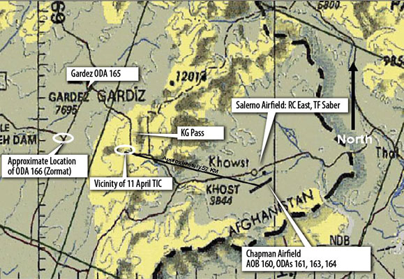 Topographical flight map revealing high mountain range between Khowst and Gardez, ODA 165, ODA 166, Troops in Contact (TIC) site, Salerno Airfield, and Chapman Airfield.