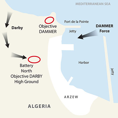The seizure of Arzew, Algeria, was the 1st Ranger Battalion’s first unit battle in WWII. Dammer Force came into the harbor and attacked the fort directly through the town. Darby Force assaulted the main battery.