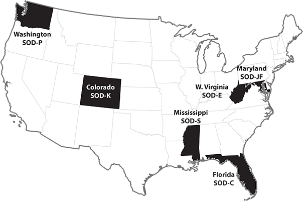 Home states of the original six National Guard SODs.