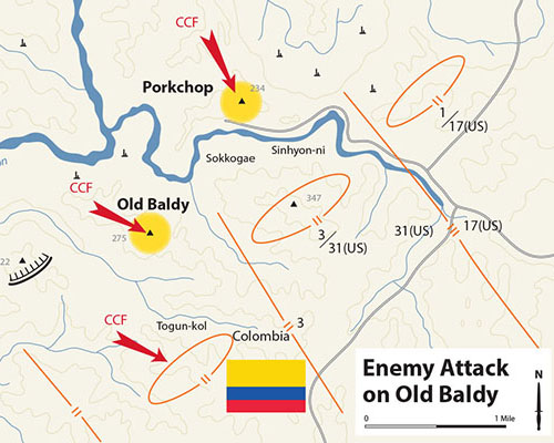 Enemy Attack on Old Baldy-Porkchop Hill Area (23 Mar 1953) with Chinese Communist Forces (CCF) arrows for the MLR attack and the simultaneous attacks on Old Baldy and Porkchop Hill.