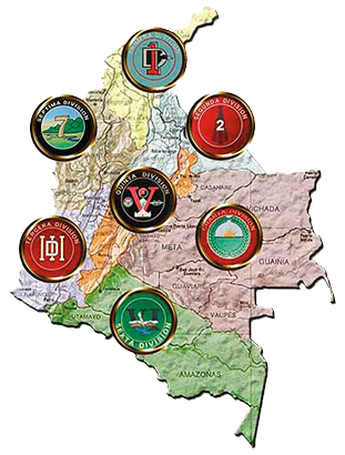 Map depicting the Areas of Responsibility of the Colombian Army divisions.