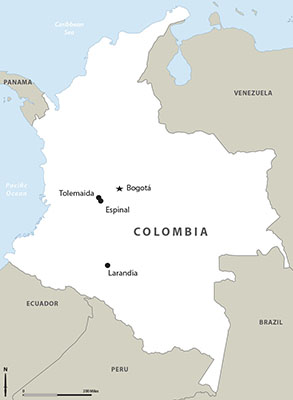 Map of Colombia highlighting training sites.