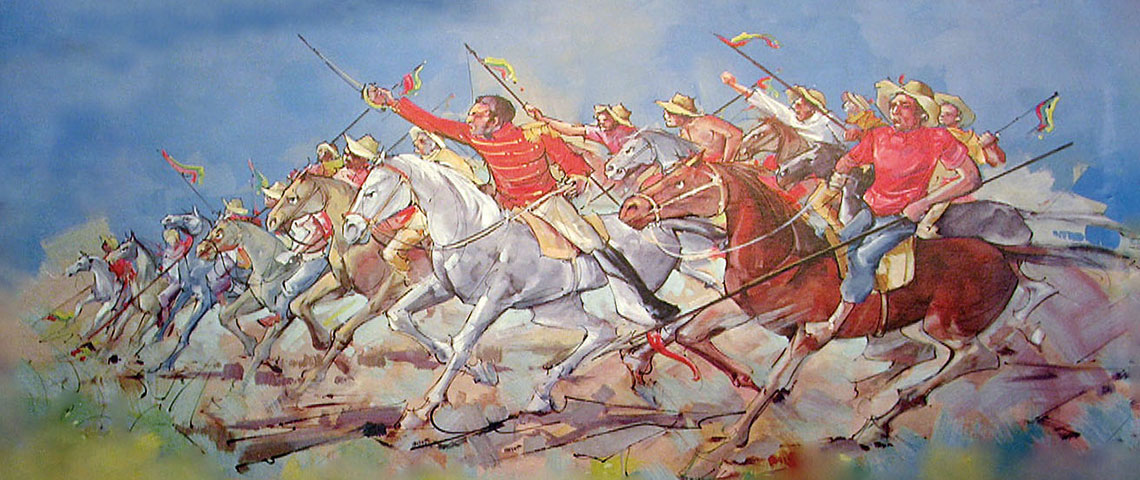 Artist rendition of Simón Bolivar and the Colombian Lancers charging during the War for Independence from Spain.