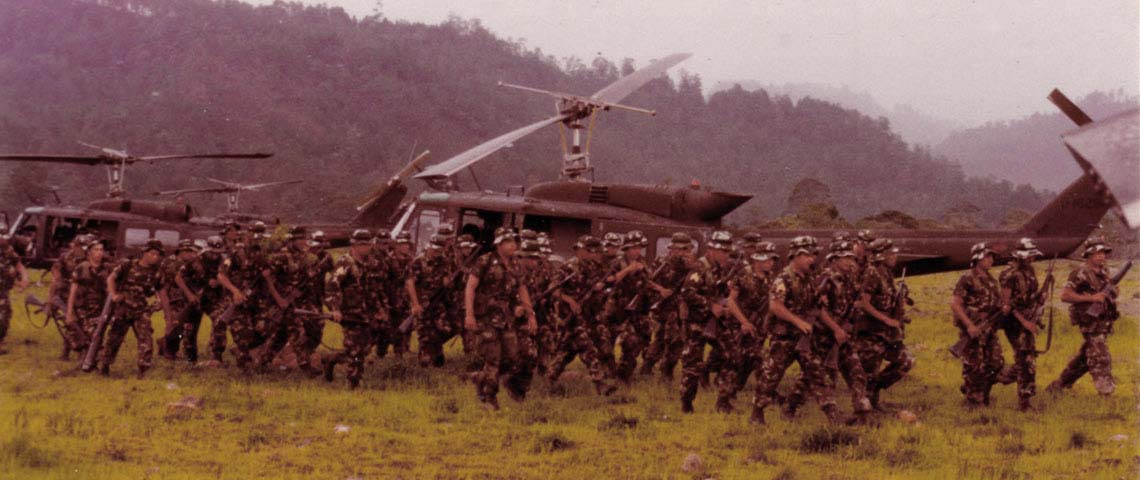 Salvadoran Army troops engaged in an air mobile operation.  The training of the ESAF by the American OPATTs enhanced the capability of the Salvadoran Army and resulted in the eventual defeat of the FMLN.