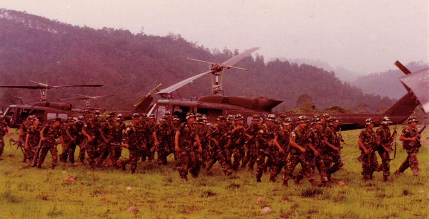 Salvadoran Army troops engaged in an air mobile operation.