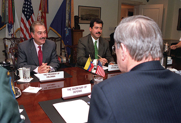 Colombian President Andrés Pastrana Arango meets with Secretary of Defense Donald Rumsfeld at the Pentagon on 26 February 2001, to discuss a range of regional issues. Pastrana was accompanied by the Colombian Minister of National Defense Luis Ramírez.