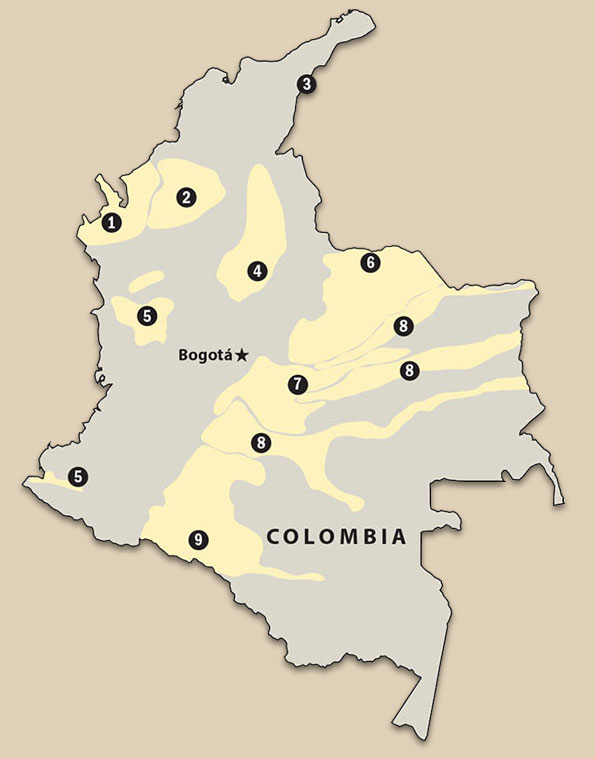 Principal regions of colonization in Colombia after 1940 are shown in yellow. Rural areas in Regions 7 and 8 (east and south of Bogotá) and in the northern part of Tolima (west of the capital) were those most affected by the bandits and quasi-guerrillas instigating La Violencia.