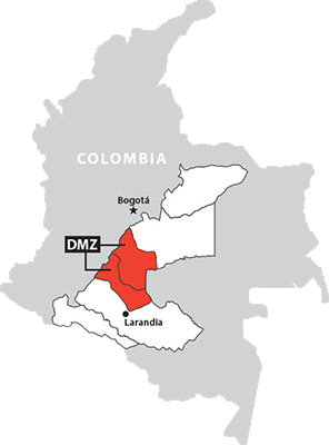 Map of Colombia showing the “DMZ/FARClandia” and Larandia.