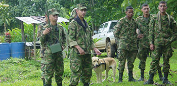 Colombian soldiers listen to a CERTE instructor prior to conducting IED detection training.