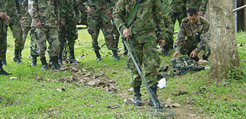 IED detection training at Larandia Here the soldiers use the mine detector to find IEDs.