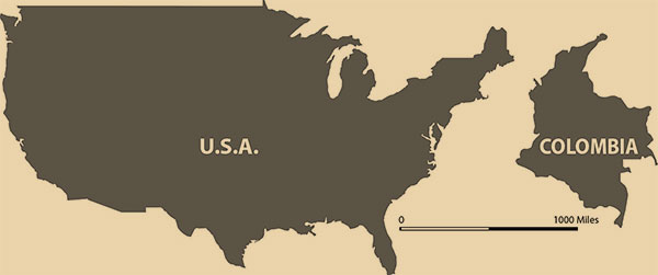 Land size comparison between the U.S.A. and Colombia