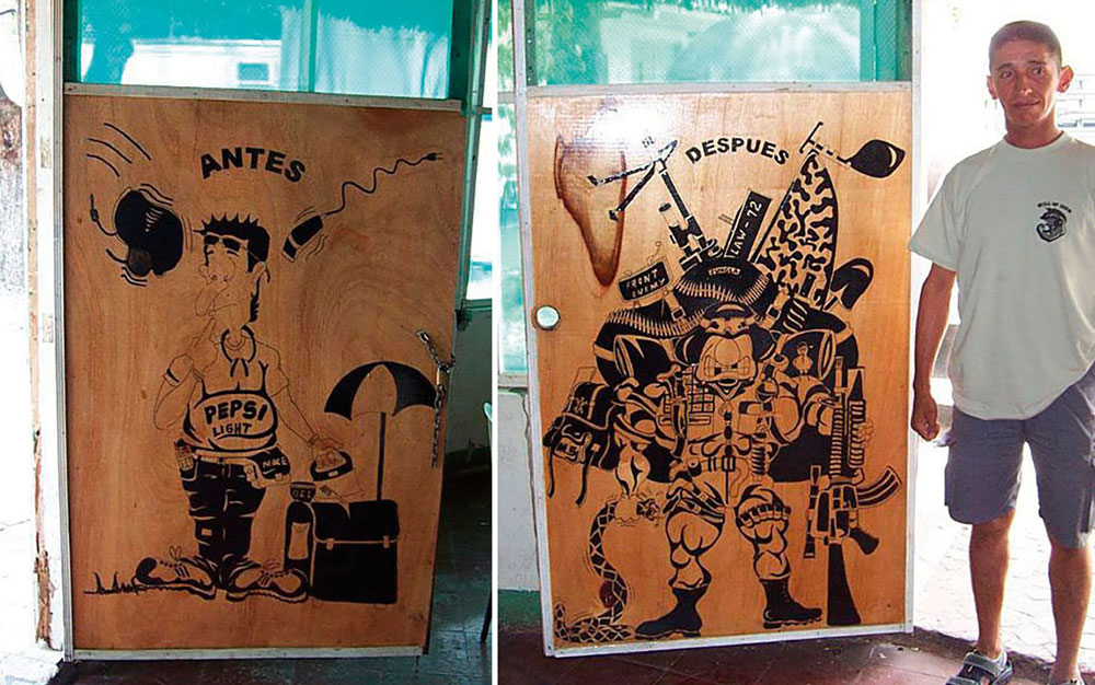 The entry doors to the Junglas cadre classroom were painted with “before” (antes) and “after” (después) images of the Junglas recruits. On the right is the artist is in the “after” (después) photo.