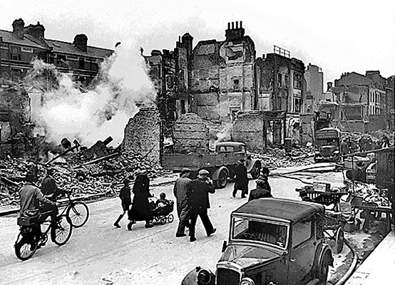 Destruction caused by the German Luftwaffe’s nightly “blitz” of London.
