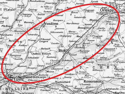 Map of the Area of Operations (AO) in central France for SO Team HERMIT.