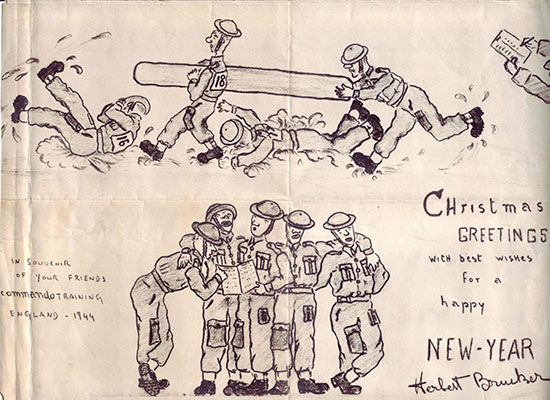 T/4 Herb Brucker’s hand-drawn Christmas 1943/New year’s 1944 card depicting training at STS 7 near Pemberley, England.