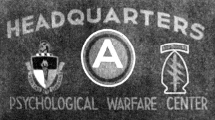 Psychological Warfare Center sign at Fort Bragg circa 1954-1955. While the Psychological Warfare School started at Fort Riley it expanded at Fort Bragg.