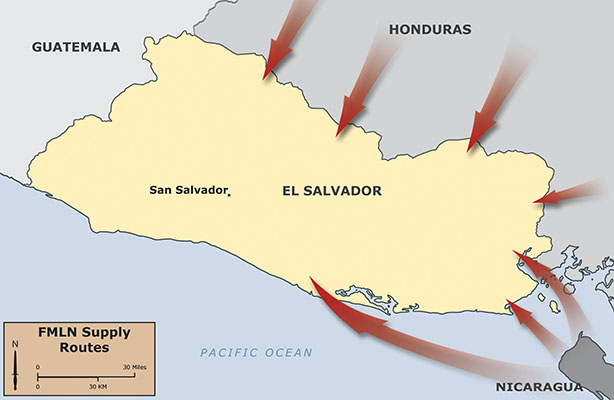 Arrows on the map denote main FMLN land and water resupply routes.