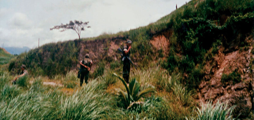 Photo shows the thick vegetation just outside the perimeter of the 4th Brigade base at El Paraiso.